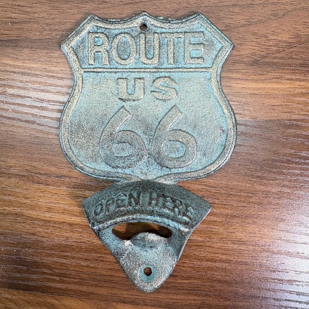 Vintage Route 66 Cast Iron Wall Mounted Bottle Opener With Antique Finish